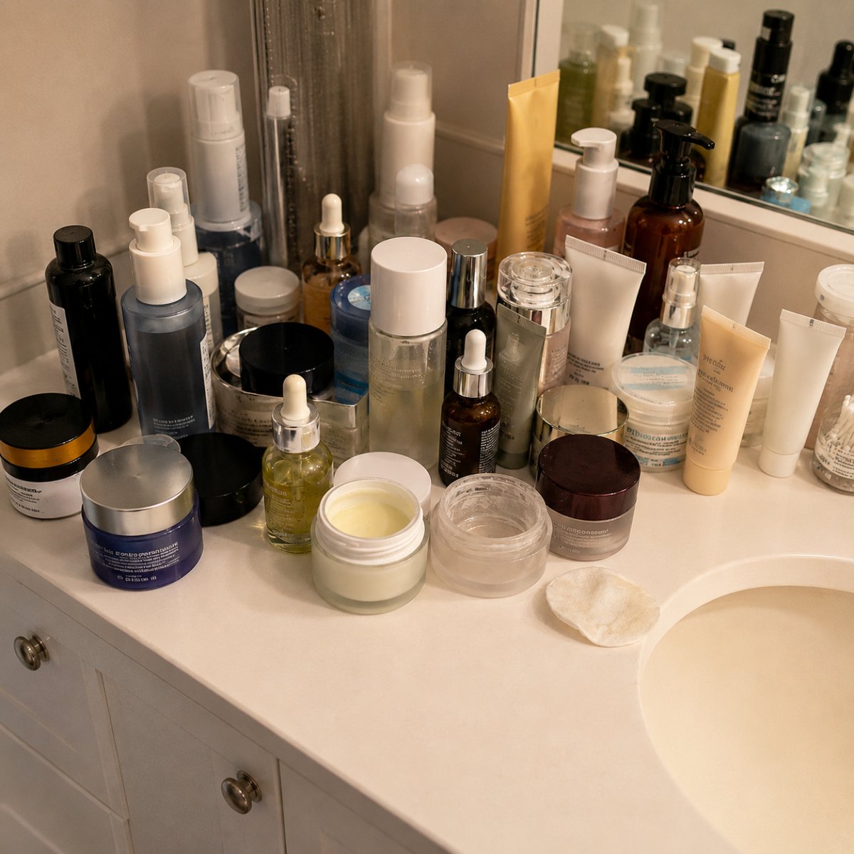 A bathroom counter crowded with skincare jars, serums and creams accumulated over years